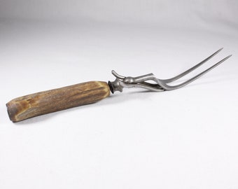 Antique antler handled meat fork, carbon steel double prong serving fork