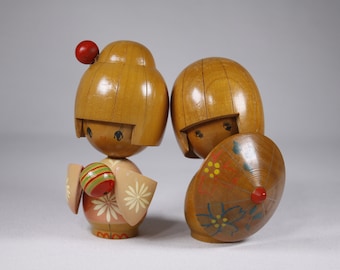 Vintage Japanese Kokeshi doll, Creative Sosaku wooden Doll by Waichi Ishida Hanko With Ball or Parasol priced individually