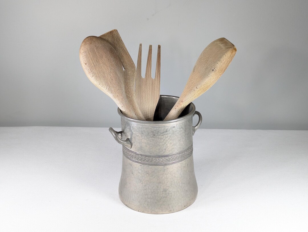 Art Deco Hammered Pewter Kitchen Utensil Holder With Fine Celtic Band