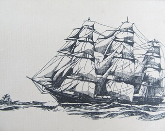 Vintage etching of a sailing ship, artist print of a schooner