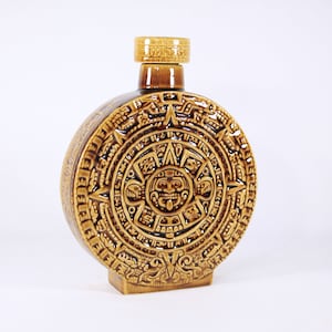 Vintage Aztec calendar decanter, Mayan Calendar ceramic flask in ochre yellow / caramel brown, tiki bar decor, Kahlua Decanter bottle image 1