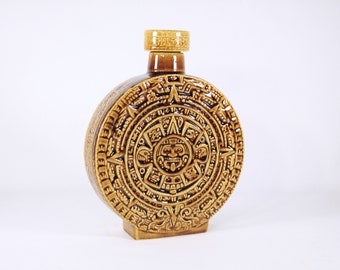 Vintage Aztec calendar decanter, Mayan Calendar ceramic flask in ochre yellow / caramel brown, tiki bar decor, Kahlua Decanter bottle