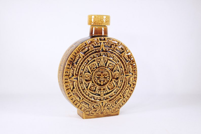 Vintage Aztec calendar decanter, Mayan Calendar ceramic flask in ochre yellow / caramel brown, tiki bar decor, Kahlua Decanter bottle image 1