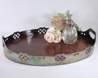 Vintage Industrial handcrafted serving tray, Edwardian style heart cut out metal and wood base, large oval serving platter