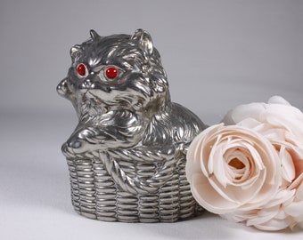 Silver plated Cat coinbank, kitten in basket coin bank, evil cat piggy bank, cat savings jar, nursery decor