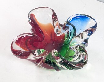 Midcentury Murano Sommerso biomorphic Ashtray, 4 lobed Incalmo artglass catchall Dish Italy