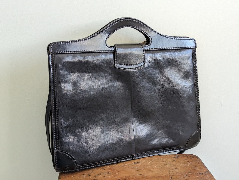 Vintage La Benci black leather attache briefcase monogram LB, vintage leather laptop bag with shoulder strap image 8