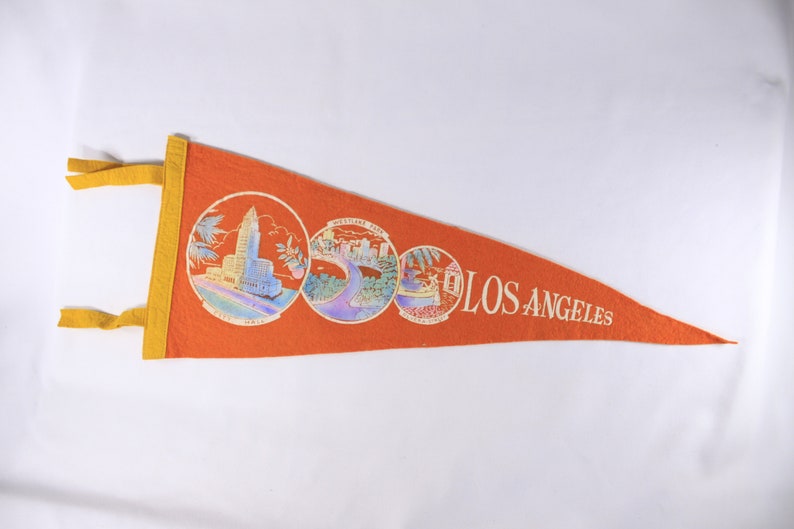 1950s Los Angeles tourist souvenir pennant 26, orange felt banner, student dorm room gift image 3