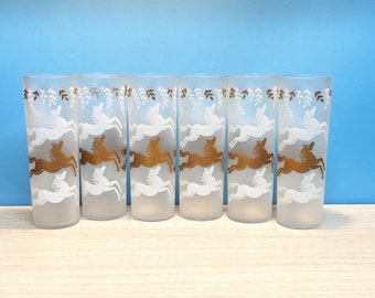 Set of 6 MCM Libbey Cavalcade golden horses lemonade glasses, highball vintage drinking glasses, vintage glassware