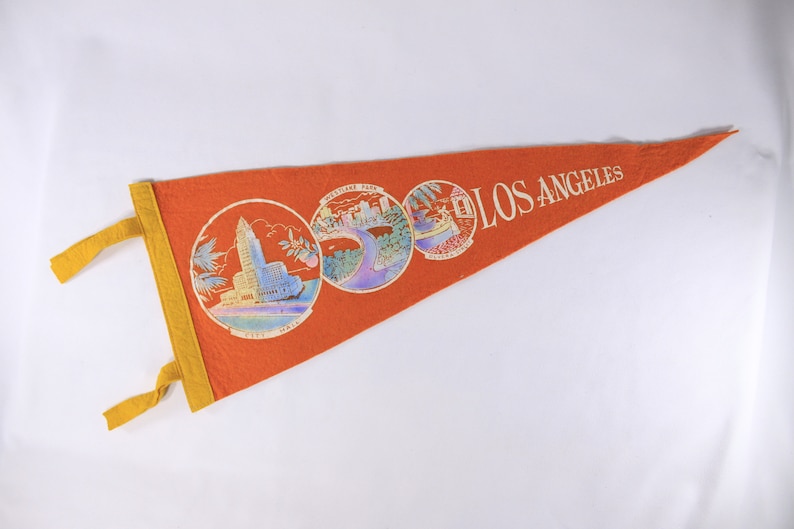 1950s Los Angeles tourist souvenir pennant 26, orange felt banner, student dorm room gift image 2
