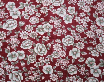 Vintage 1960-1970s deadstock velvet flower fabric 35.5 x 76" (90 x 194 cm), green camellia roses and cherry blossom on dark red background