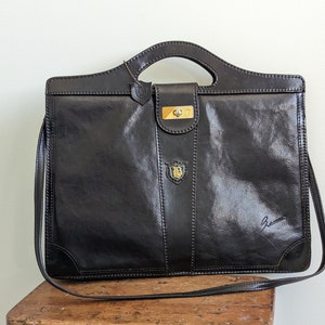 Vintage La Benci black leather attache briefcase monogram LB, vintage leather laptop bag with shoulder strap image 2