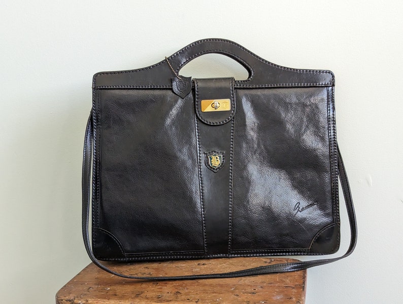 Vintage La Benci black leather attache briefcase monogram LB, vintage leather laptop bag with shoulder strap image 2