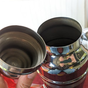 1930s Art deco Chrome cocktail shaker, 13.5 tall pitcher with Cherry Red Bakelite handle image 8