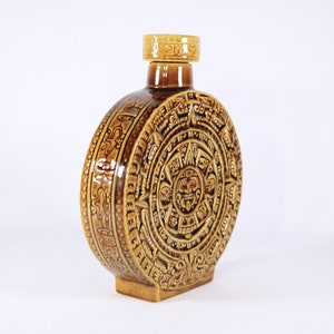 Vintage Aztec calendar decanter, Mayan Calendar ceramic flask in ochre yellow / caramel brown, tiki bar decor, Kahlua Decanter bottle image 3