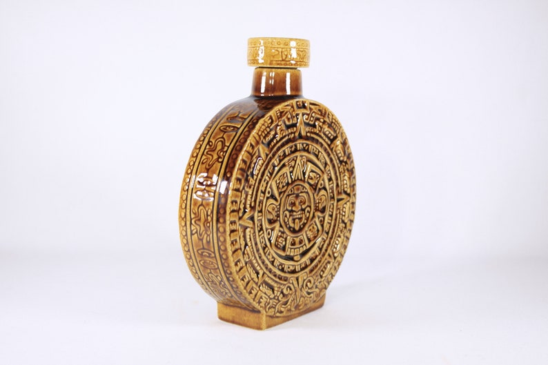 Vintage Aztec calendar decanter, Mayan Calendar ceramic flask in ochre yellow / caramel brown, tiki bar decor, Kahlua Decanter bottle image 3