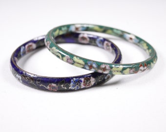 Vintage Chinese cloisonne bangles in blue and green, floral motif costume jewelry