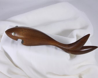 Vintage teak shark bottle opener crystal eyes, Nautical Danish mid century modern bar wares, wood carved fish tiki bar home decor