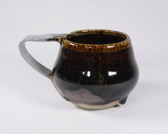 Handmade pottery mug dark brown blue handle, wheel thrown pot belly coffee cup, rustic tea cup