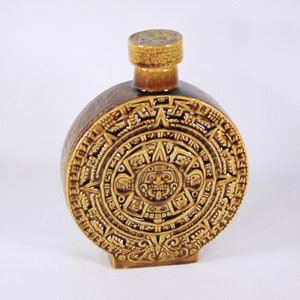 Vintage Aztec calendar decanter, Mayan Calendar ceramic flask in ochre yellow / caramel brown, tiki bar decor, Kahlua Decanter bottle image 6