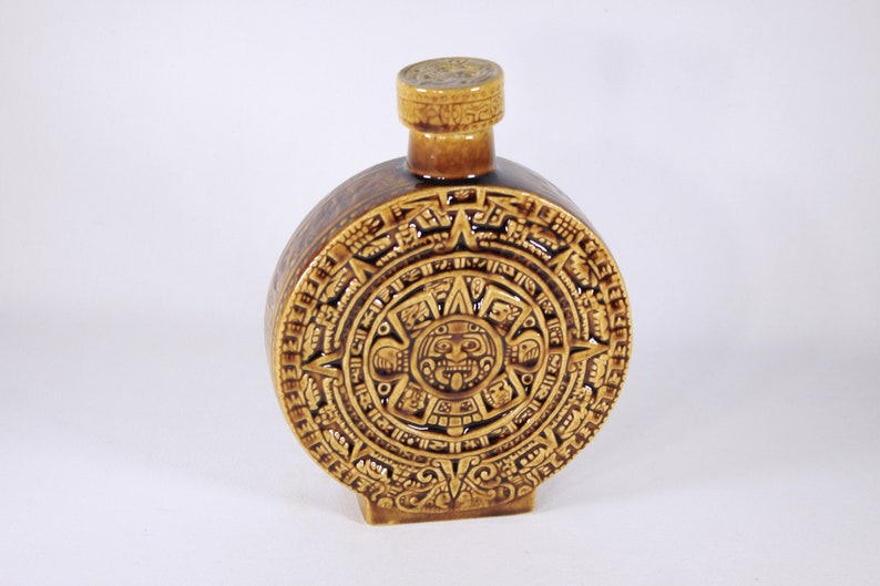 Vintage Aztec calendar decanter, Mayan Calendar ceramic flask in ochre yellow / caramel brown, tiki bar decor, Kahlua Decanter bottle image 6