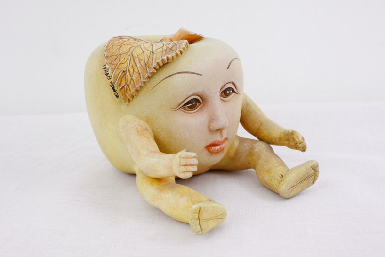 Vintage 'apple boy' surrealist sculpture by Ismael Franco, ceramic surreal art figure image 3