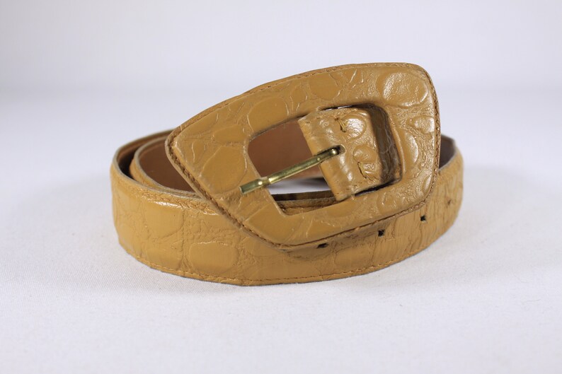 1970s caramel brown leather belt 33 size Large, vintage Ceinture EMMANUEL belt patterned atomic 1970s ladies belt, genuine leather belt image 1