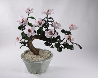 Vintage Pink glass flower bonsai 11 x 12 inches, pink flowering dogwood miniature faux tree, vintage glass home decor tree