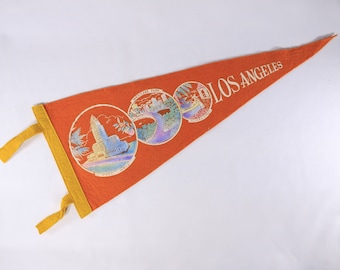 1950s Los Angeles tourist souvenir pennant 26", orange felt banner, student dorm room gift