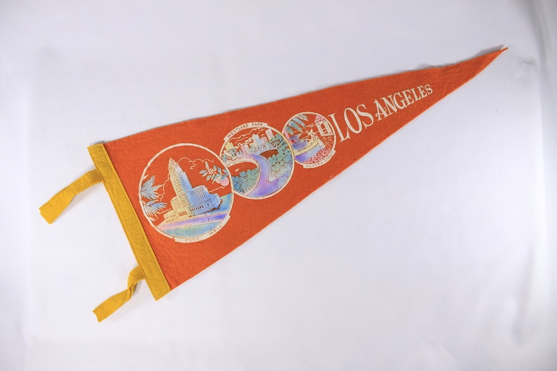 1950s Los Angeles tourist souvenir pennant 26, orange felt banner, student dorm room gift image 1