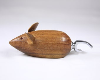 Vintage Danish Teak wooden mouse bottle opener DENMARK, mcm home decor, animal bottle opener, bar car tool, bar tools