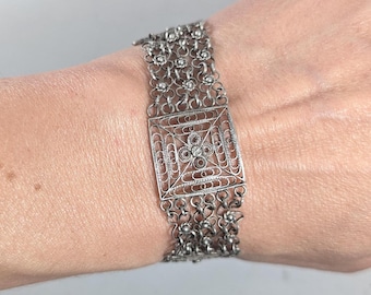 Silver filigree panel bracelet, Vintage handmade jewellery