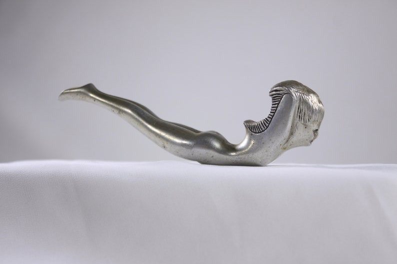 Original Art deco Nude bottle opener, elegant Bauhaus flying nymph adult aluminium hood ornament image 6