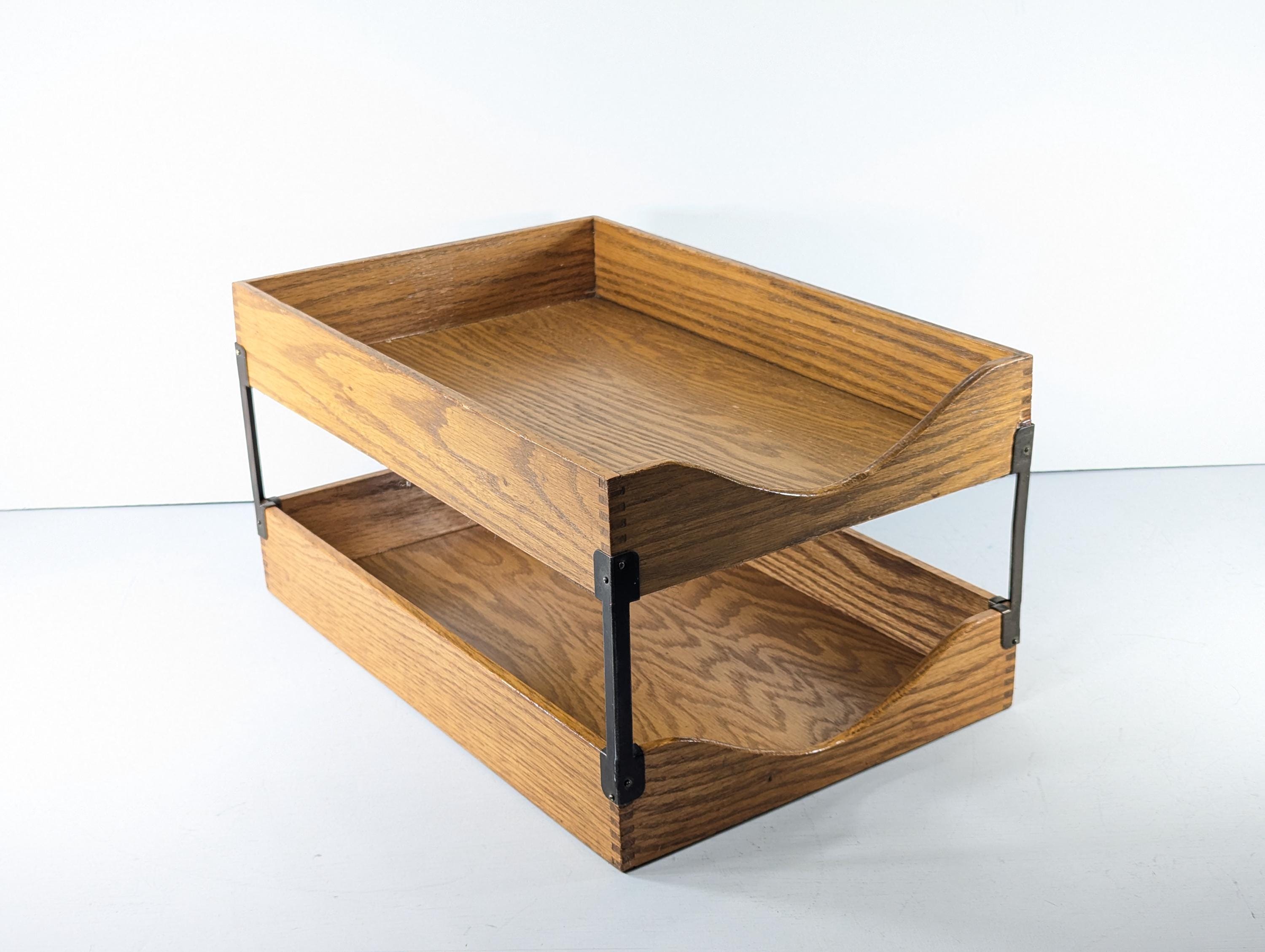 Vintage Double Layer Oak Wooden Letter Tray, Dovetailed IN OUT