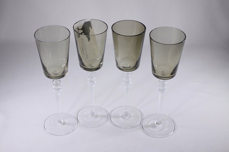 Vintage 10 tall two-tone wine glasses set of 4, smoky glass crystal or glass stemware image 4