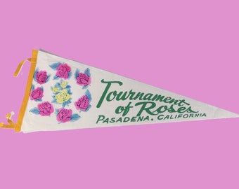 Vintage 29" Pasadena Tournament of Roses California travel pennant,  white yellow felt pennant flag wall decor collectible