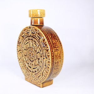 Vintage Aztec calendar decanter, Mayan Calendar ceramic flask in ochre yellow / caramel brown, tiki bar decor, Kahlua Decanter bottle image 7