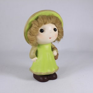 1970s 1980s Chalkware Girl Doll Bank made in Japan, yarn hair vintage coin bank, prairie girls green dress image 2