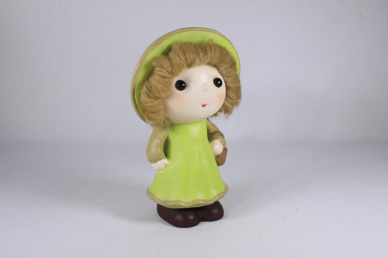 1970s 1980s Chalkware Girl Doll Bank made in Japan, yarn hair vintage coin bank, prairie girls green dress image 2