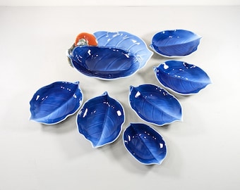 Fukagawa Seiji Japanese porcelain Leaf shaped dishes, Blue Persimmon sauce soy dishes