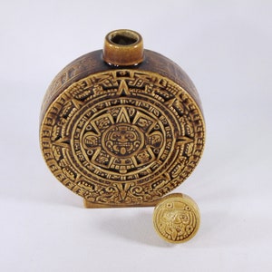 Vintage Aztec calendar decanter, Mayan Calendar ceramic flask in ochre yellow / caramel brown, tiki bar decor, Kahlua Decanter bottle image 8