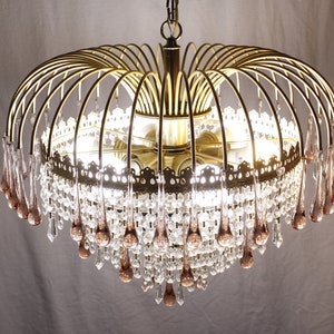 1990s Hollywood regency cascading crystal chandelier 21, pink clear glass waterfall ceiling light fixture, opulent hard wired light image 2