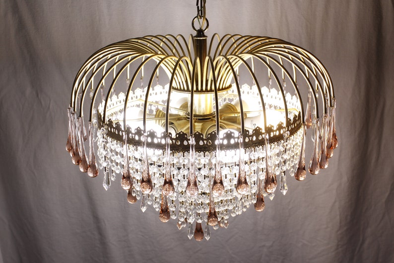 1990s Hollywood regency cascading crystal chandelier 21, pink clear glass waterfall ceiling light fixture, opulent hard wired light image 2