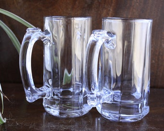 Vintage Set of 2 Libbey Bevelled Glass Beer Mug Drinking Glass, panelled beer mug, heavy glass Beer stein with thumb grip