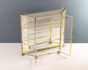 Vitrina antigua de latón con espejo y cristal, vitrina en miniatura