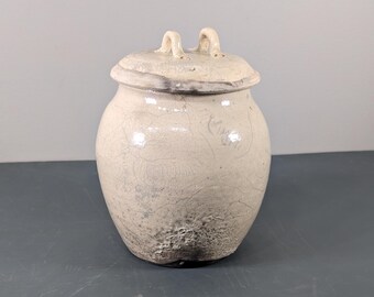 Vintage handmade Raku white ceramic lidded jar, minimalist home décor, cremation urn