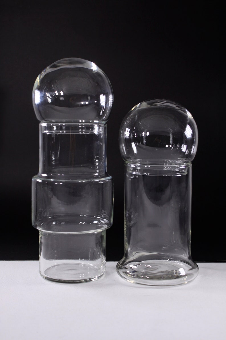 Set of 2 MCM glass storage jars, modernist Scandi blow mold vase decanters image 4