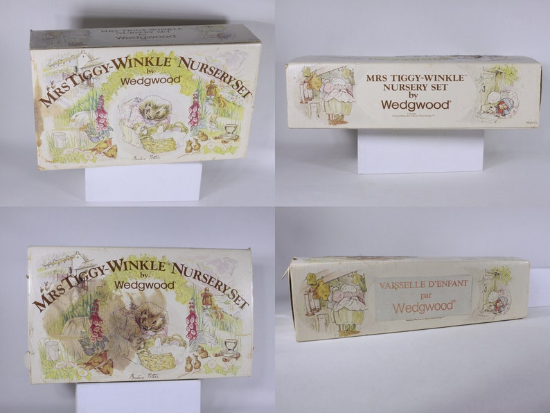 Vintage Mrs Tiggy-Winkle figurine and Nursery set by Wedgwood Of Etruria & Barlaston England, cup plate bowl in original retail box image 9