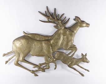 Large brass MCM running deer family wall decor 18.5 x 15", stag doe calf midcentury home decor, leaping deer decor
