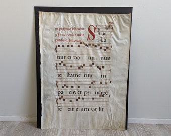 Large Medieval 20 x 26" Antiphonal Religious Music Sheet, Statuit ei Dominus Gregorian chant Music, Roman Catholic handwritten Vellum